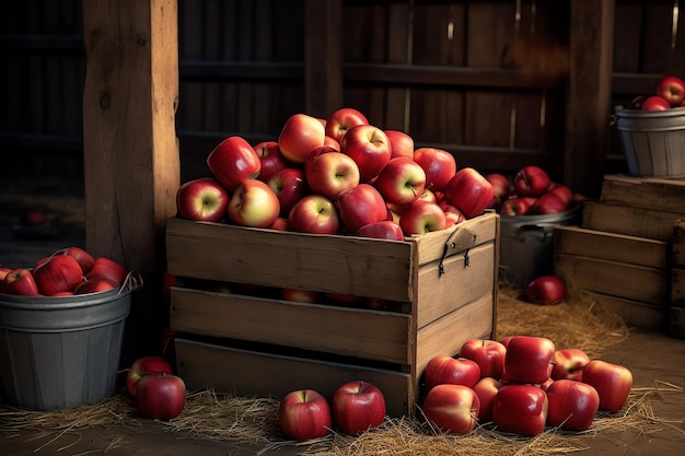 Un boisseau de pommes rouges à l'intérieur d'une caisse en bois