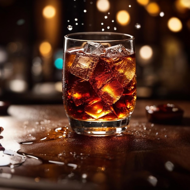 Boisson alcoolisée avec des cubes de glace dans un beau verre Arrière-plan flou Bokeh IA générative