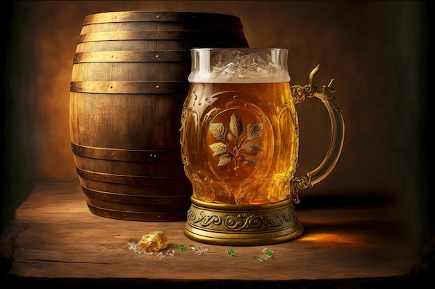 Boisson alcoolisée dorée dans une grande chope de bière et un tonneau de bière créé avec une IA générative