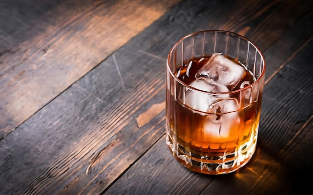 Boisson alcoolisée forte de brandy whisky dans un verre avec des cubes de glace sur un fond en bois foncé vue supérieure espace de copie