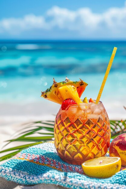 Photo boisson à l'ananas sur une serviette à la plage