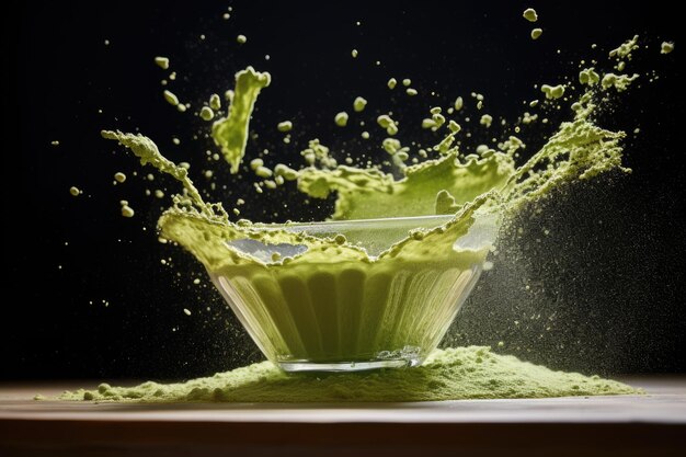 Boisson au thé matcha vert avec éclaboussures sur fond sombre AI généré