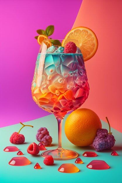 Photo boisson aux couleurs vives avec des fruits et de la glace sur un fond coloré