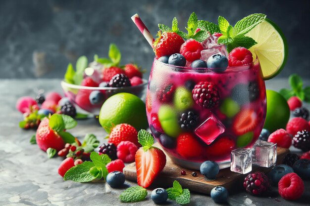 Photo boisson aux fruits colorés avec des fraises, des bleuets et du citron vert