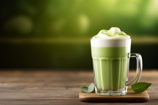 Boisson à base de thé vert matcha dans un verre sur une table en bois