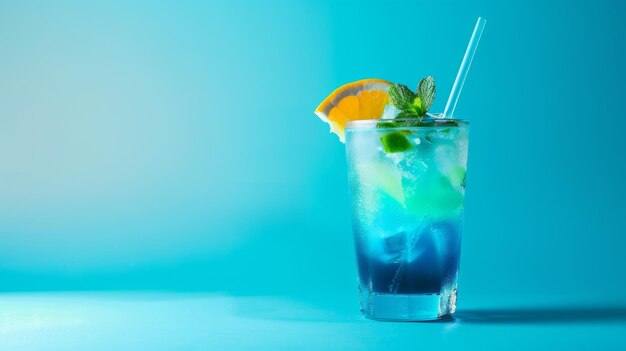 Boisson bleue rafraîchissante avec une tranche d'orange et de menthe