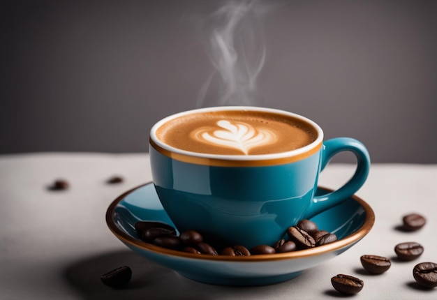 Boisson chaude au café dans une tasse avec un fond de café réaliste