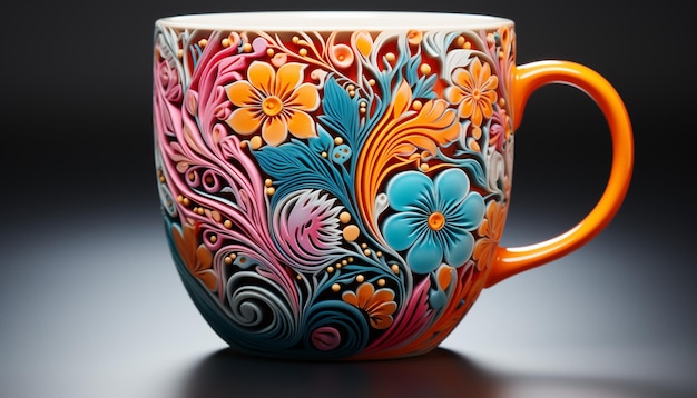 Boisson chaude dans une élégante tasse en céramique avec un motif floral généré par l'intelligence artificielle