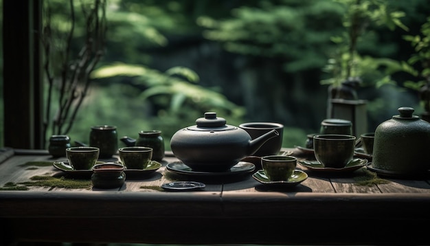 Boisson chaude dans une théière verte sur une table en bois entourée de nature générée par l'IA