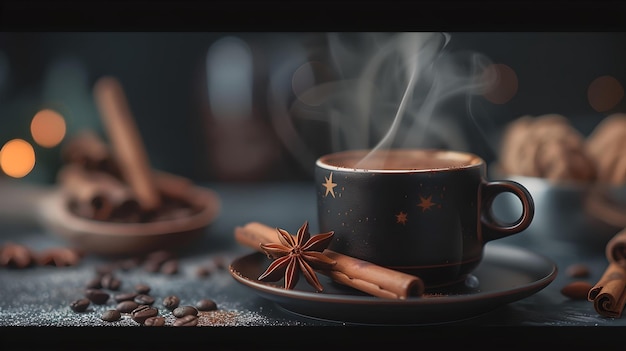 Boisson chaude à la vapeur dans une tasse sombre sur un fond rustique atmosphère confortable parfaite pour les cafés et les thèmes d'automne image de stock de haute qualité AI