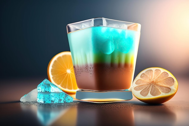 Une boisson colorée bleue et brune avec de la glace et des tranches d'orange sur la table