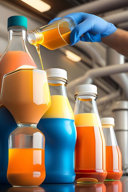 Photo la boisson est versée dans des bouteilles en plastique lors de la production de jus.