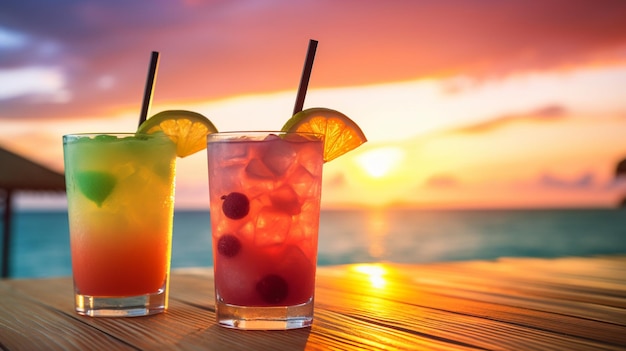 boisson d'été sur la plage au coucher du soleil