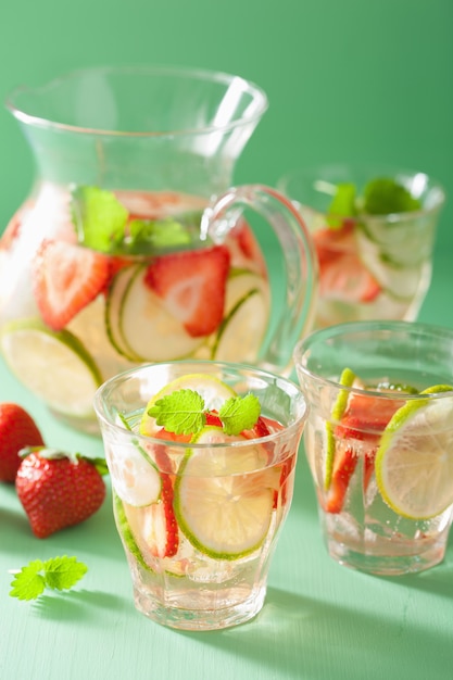 Boisson d'été rafraîchissante avec citron vert aux fraises en pot et verres