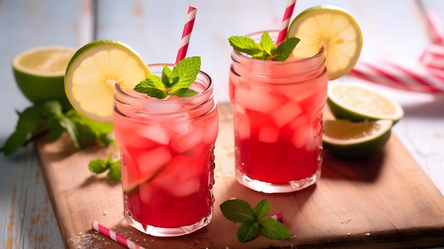 Boisson d'été rafraîchissante deux verres d'eau glacée avec des tranches de citron vert sur un Woo