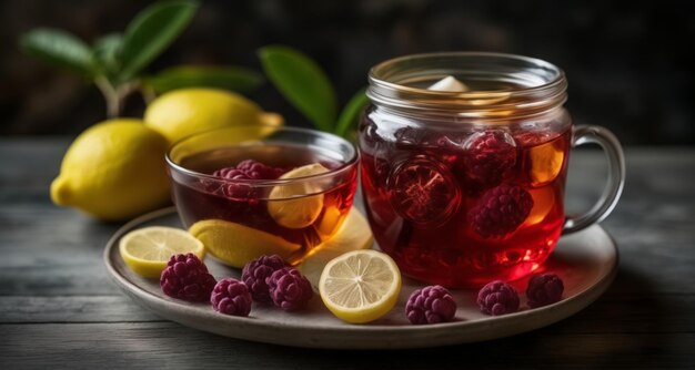 Boisson d'été rafraîchissante avec des framboises et des tranches de citron