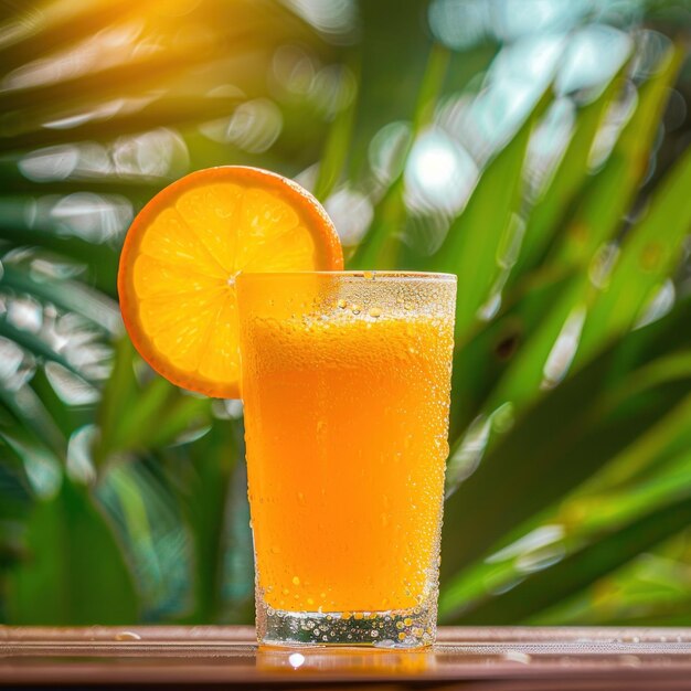 Photo boisson d'été tropicale vibrante verre de jus d'orange sur un fond luxuriant flou