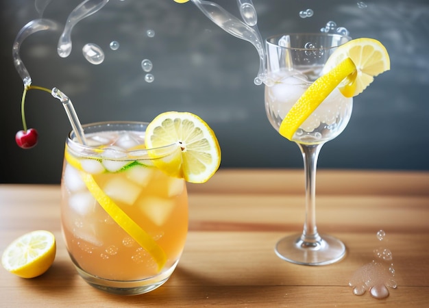 boisson fraîche non alcoolisée avec des lobules de citron et des cerises dans des bulles d'air dans une décoration en verre