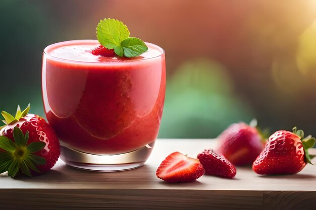 Une boisson à la fraise avec un verre de jus de fraise