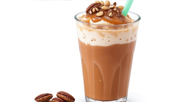 Boisson de frappe avec caramel et noix isolée sur fond blanc IA générative