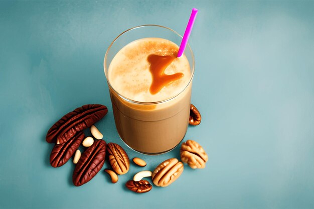 Photo boisson à la frappe avec du caramel coloré et des noix isolées sur du bois