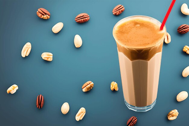 Photo boisson à la frappe avec du caramel coloré et des noix isolées sur du bois