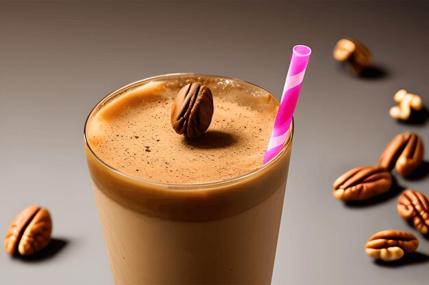 Photo boisson à la frappe avec du caramel coloré et des noix isolées sur du bois