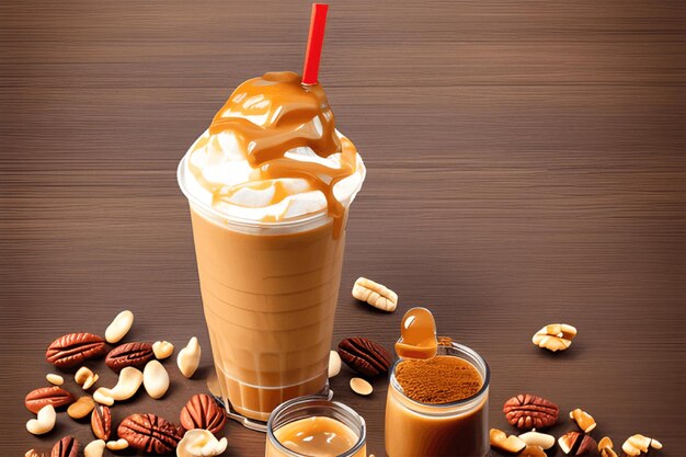 Photo boisson à la frappe avec du caramel coloré et des noix isolées sur du bois