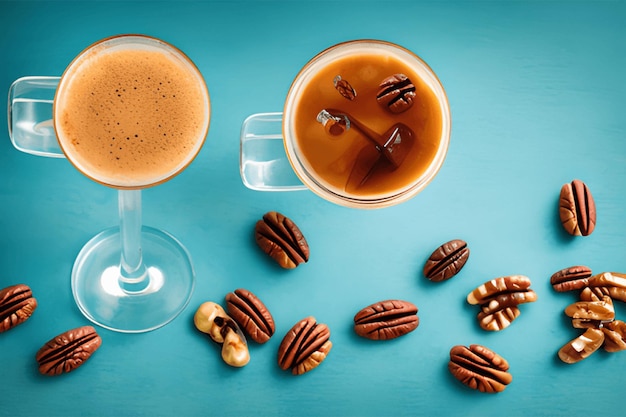 Photo boisson à la frappe avec du caramel coloré et des noix isolées sur du bois