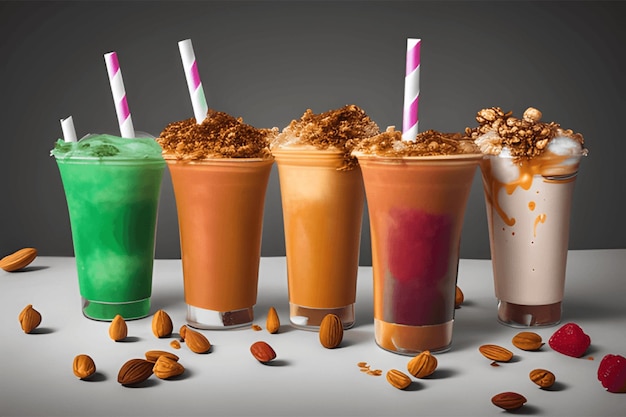 Photo boisson à la frappe avec du caramel coloré et des noix isolées sur du bois