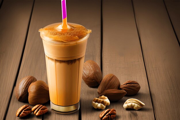 Photo boisson à la frappe avec du caramel coloré et des noix isolées sur du bois