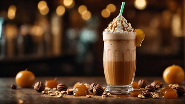 Photo boisson à la frappe avec du caramel et des noix