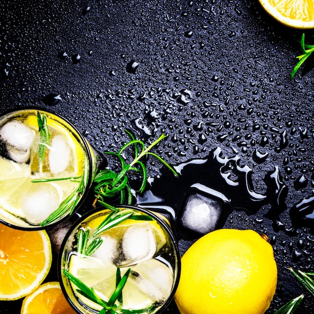 Boisson froide au citron avec glace au romarin et vue de dessus de fond en pierre noire tonique