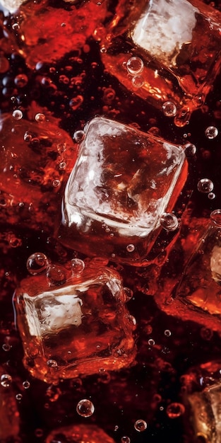 Boisson froide Boisson Cola soda avec glace et bulle sur vue de face zone rouge et blanche AI générative