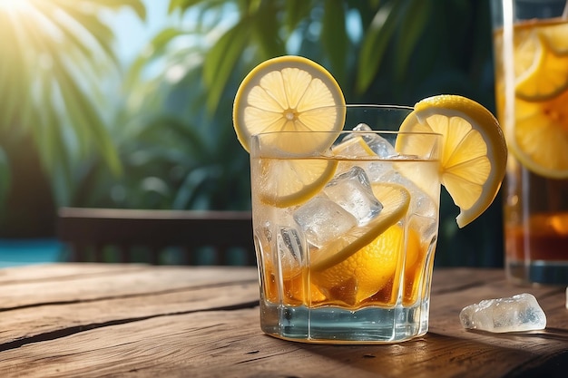 Boisson froide avec de la glace et une tranche de citron lors d'une fête d'été chaude