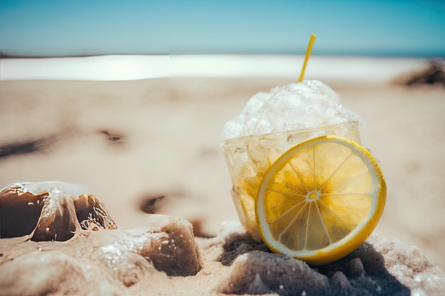 Boisson froide avec de la glace et une tranche de citron sur la plage Illustration AI Generative
