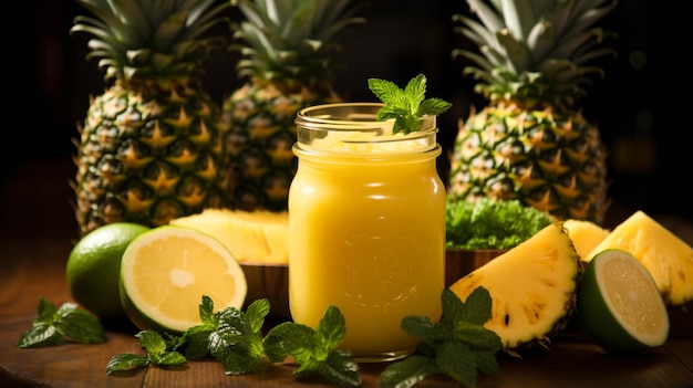 Boisson froide smoothie au jus d'ananas frais et délicieux dans une tasse en verre