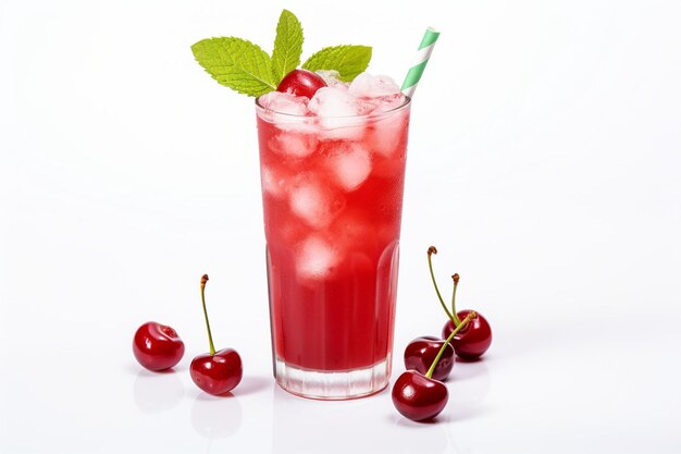 Photo boisson gazeuse à la cerise rouge dans un verre isolé sur un fond blanc à partir du sommet