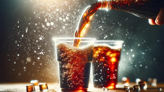 boisson gazeuse cola coulant de deux tasses dans des verres avec le courant de liquide créant un arc
