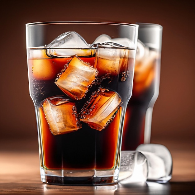 Boisson glacée au cola dans une tasse en verre Morceaux de glace