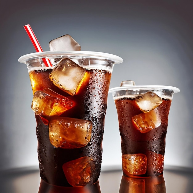 Boisson glacée au cola dans une tasse en verre Morceaux de glace