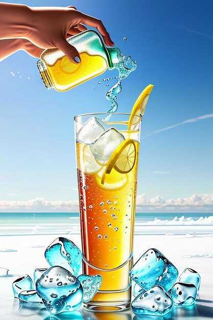 Boisson glacée au jus de citron dans une tasse en verre, publicité, goutte d'eau, éclaboussure, effet spécial, papier peint design