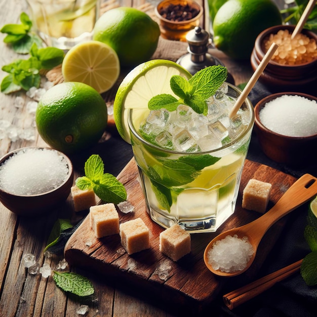 Boisson glacée d'été cocktail mojito sur table rustique Ingrédients pour faire du mojito citron vert et sucre de canne