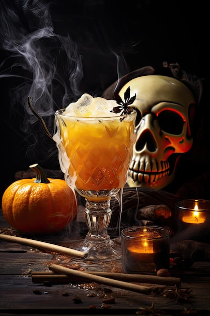 Boisson d'Halloween en verre avec glaçon et garniture créative en sucre AI générative