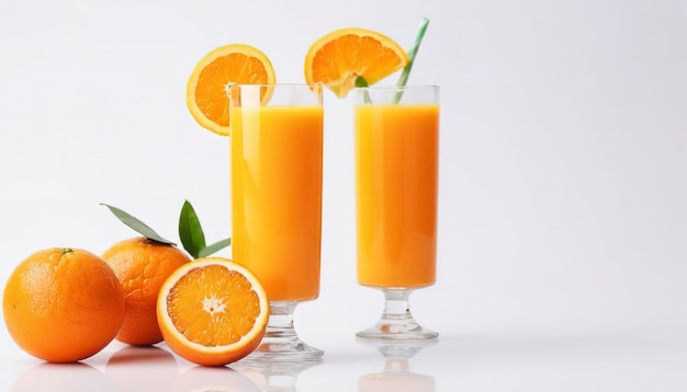 Boisson de jus d'orange frais sur un fond blanc de fruits d'oranges tropicaux