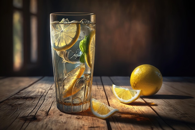 Boisson à la limonade dans un bocal en verre et ingrédients sur table en bois Ai générative