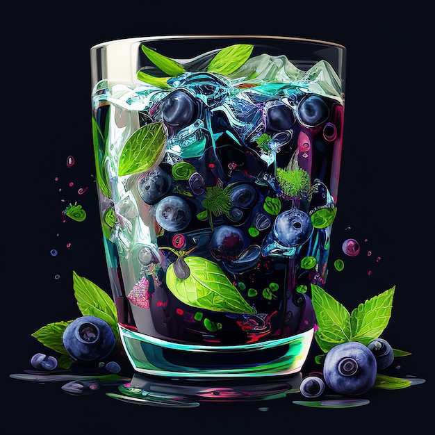 Boisson à la limonade avec de la menthe fraîche aux bleuets et de la glace AI générative Cocktail rafraîchissant de mojito aux baies sur fond sombre Concept de boissons froides d'été