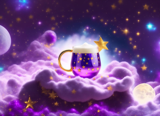 boisson magique de magicien violet pailleté vibrant avec des étoiles d'or saupoudrées à l'intérieur de l'arrière-plan