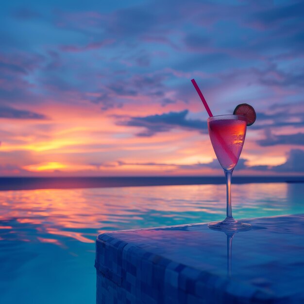 Photo boisson rafraîchissante à côté de la piscine avec vue sur l'océan