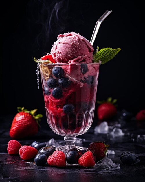 Photo boisson rafraîchissante à la fraise avec une cuillère de crème glacée
